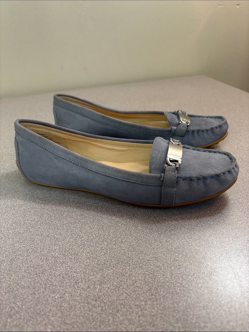 Nine West Light Blue Suede Loafers with Silver Accent